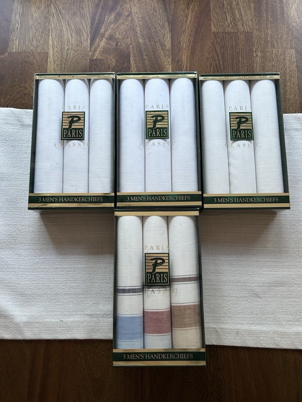 Vintage 1970s Paris Classic Mens Handkerchiefs 12 NOS Ivory / Striped Boxed Q26